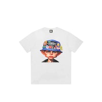 a white t - shirt with an image of a boy wearing a hat
