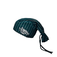 a green and white striped hat with a tassel