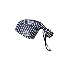 a blue and white striped hat with a tassel