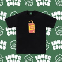 a black t - shirt with an image of a soda bottle