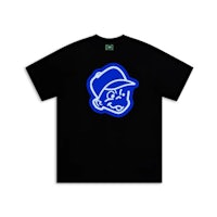 a black t - shirt with a blue logo on it